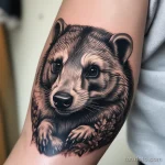 Photorealistic badger tattoo with vibrant eyes and intricate fur shading. tatufoto.com 03 10 24 20