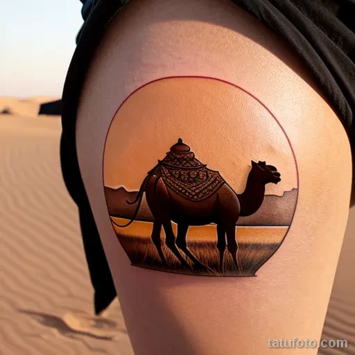 Photorealistic camel tattoo with desert sunset tatufoto.com 168