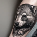 Photorealistic close-up of a badger tattoo on a mans forearm, focusing on the intricate details of the animals fur. tatufoto.com 03 10 24 02
