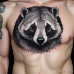 Photorealistic image of a badger tattoo on a mans chest, focusing on the animal’s face and fur texture. tatufoto.com 03 10 24 06