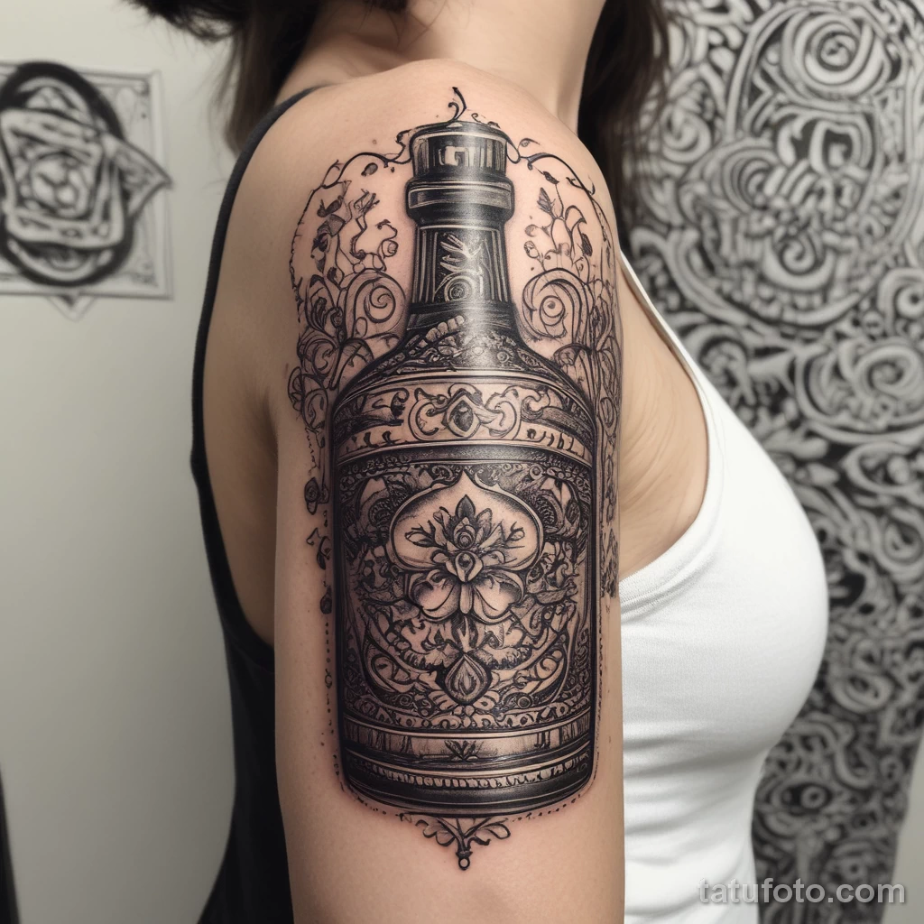 Photorealistic vintage bottle tattoo on the shoulder, surrounded by intricate lace patterns. tatufoto.com 03 10 24 07 34_13
