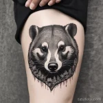 Realistic badger tattoo with sharp fur details, set against a forest background. tatufoto.com 03 10 24 01