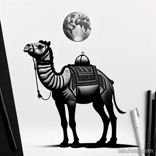 Realistic camel tattoo draft with nomadic elements tatufoto.com 179