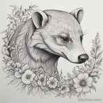 Sketch of a badger tattoo featuring floral elements intertwined with the body, drawn in fine black ink on a white page. tatufoto.com 03 10 24 07