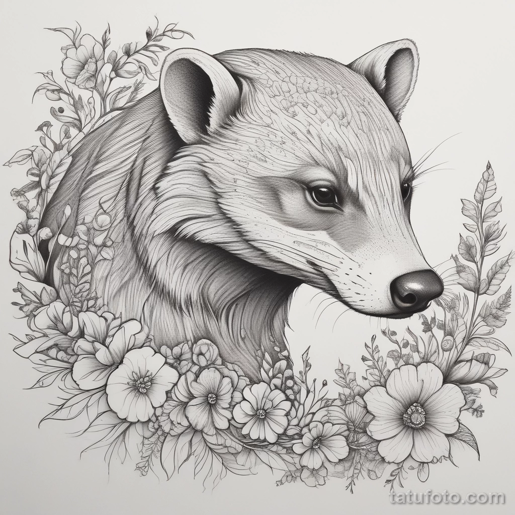 Sketch of a badger tattoo featuring floral elements intertwined with the body, drawn in fine black ink on a white page. tatufoto.com 03 10 24 07