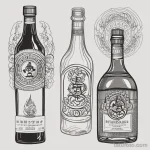 Черно-белое фото тату с изображением трех бутылок, украшенных иероглифами и огненными элементами. Стиль - графика.