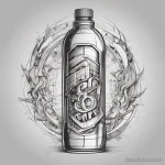 Tattoo sketch of an energy drink bottle, featuring bold angular lines and dynamic motion effects around it. tatufoto.com 03 10 24 15 86_55