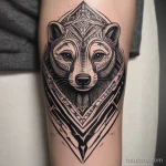 Tribal-style badger tattoo on a forearm, combining bold lines with modern design elements. tatufoto.com 03 10 24 10