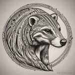 Tribal-style badger tattoo with strong lines and intricate patterns, close-up. tatufoto.com 03 10 24 08