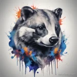 Watercolor badger tattoo, mixing realistic details with abstract splashes of color. tatufoto.com 03 10 24 06