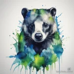 Watercolor badger tattoo with splashes of blue and green, blending realism with artistic flair. tatufoto.com 03 10 24 06