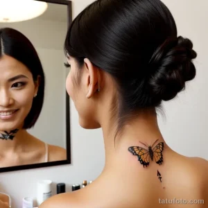 a hairdresser showing a delicate butterfly tattoo on her neck tatufoto.com 002