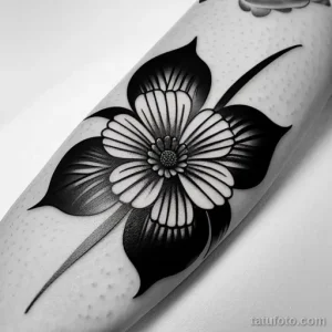 Элегантная черно-белая татуировка цветка на предплечье. Детализированный рисунок с плавными линиями и акцентом на форме лепестков.