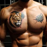 athletic man with a snake tattoo wrapped around his bicep, symbolizing power, flexing his arm in a gritty setting tattoo lion, o tatufoto.com 120