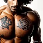 athletic man with a spartan helmet tattoo on his chest, symbolizing strength, lifting weights with a fierce expression tattoo li tatufoto.com 037