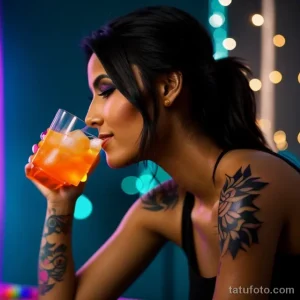 attractive woman holding a drink at a party tatufoto.com 017