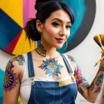 Фото тату: разноцветные татуировки в стиле олд скул и традиционные узоры на теле женщины, создающие яркий и запоминающийся образ.
