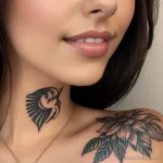 beautiful woman with a dove tattoo on her wrist, symbolizing peace, holding her hands softly to her heart tattoo lion, on neck s tatufoto.com 035