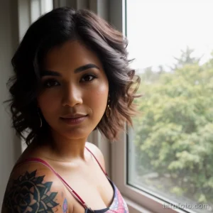 beautiful woman with a faded tattoo on her shoulder, standing by a window tatufoto.com 001