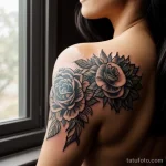 beautiful woman with a faded tattoo on her shoulder, standing by a window tatufoto.com 010
