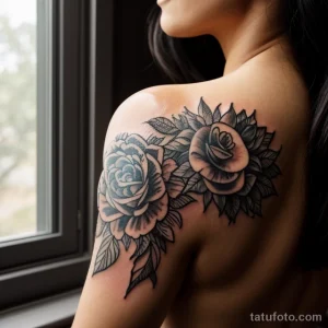 beautiful woman with a faded tattoo on her shoulder, standing by a window tatufoto.com 010