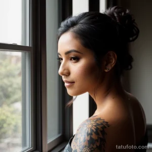 beautiful woman with a faded tattoo on her shoulder, standing by a window tatufoto.com 011