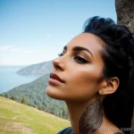 beautiful woman with a hawk feather tattoo on her neck, symbolizing vision, looking out over a scenic view tattoo lion, on neck tatufoto.com 117