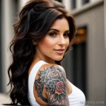 beautiful woman with a lion tattoo on her upper arm, symbolizing strength, posing confidently in an urban setting tattoo lion, o tatufoto.com 127