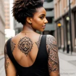 beautiful woman with a lion tattoo on her upper arm, symbolizing strength, posing confidently in an urban setting tattoo lion, o tatufoto.com 169