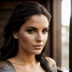 beautiful woman with a scorpion tattoo on her arm, symbolizing resilience, looking into the camera with a fierce expression tatt tatufoto.com 210