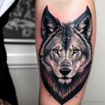 beautiful woman with a tribal wolf tattoo on her arm, symbolizing loyalty, standing confidently in a misty landscape tattoo lion tatufoto.com 054