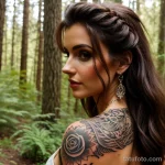 beautiful woman with a wolf tattoo on her back, symbolizing loyalty, gazing into the distance in a forest tattoo lion, on neck s tatufoto.com 215