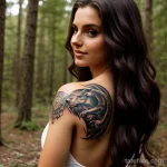 beautiful woman with a wolf tattoo on her back, symbolizing loyalty, gazing into the distance in a forest tattoo lion, on neck s tatufoto.com 216
