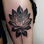 black and white lotus tattoo on a woman’s upper arm, detailed, tatufoto.com 327