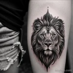 black and white mandala tattoo on a woman’s thigh, detailed shot tattoo lion, on neck sexy girl, photorealistic, tatufoto.com 264