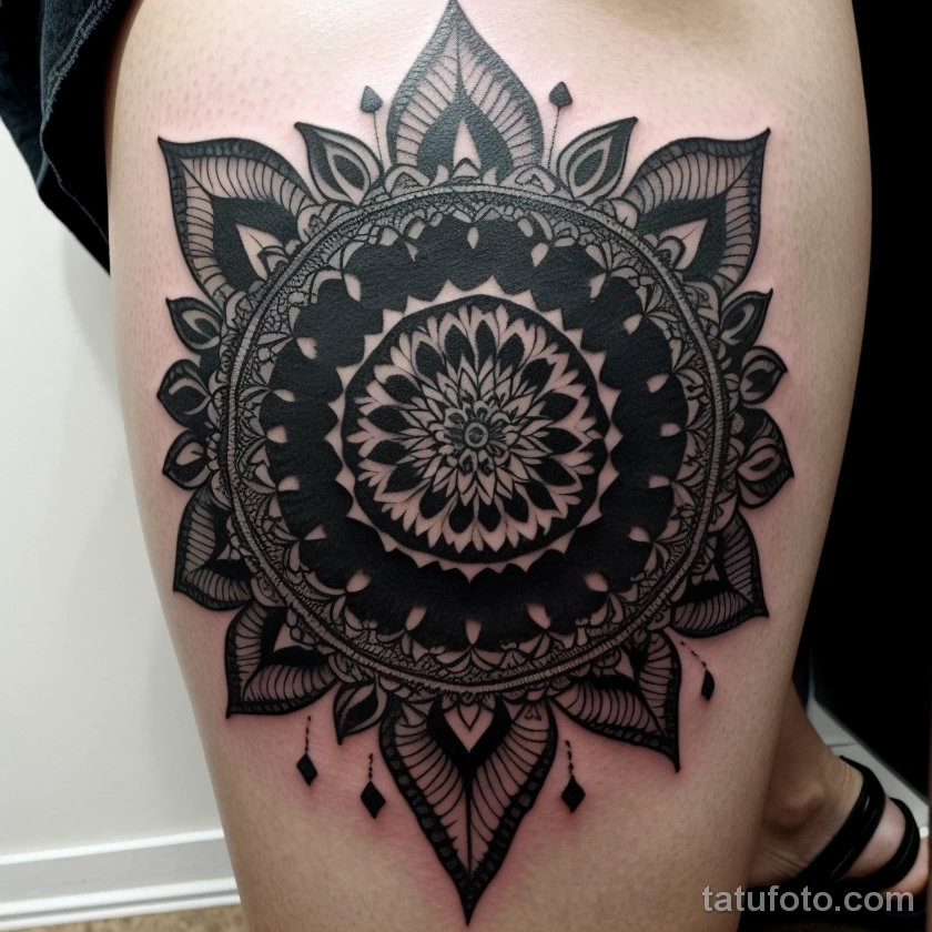 black and white mandala tattoo on a woman’s thigh, detailed shot, tatufoto.com 291