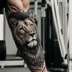 burly man with a chain tattoo on his hand, symbolizing unbreakable spirit, gripping a workout bar tightly tattoo lion, on neck s tatufoto.com 071
