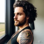 burly man with a hawk tattoo on his arm, symbolizing sharp focus, looking out over a wide, open landscape tattoo lion, on neck s tatufoto.com 188