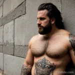 burly man with a lion and crown tattoo on his forearm, symbolizing leadership, posing against a concrete wall tattoo lion, on ne tatufoto.com 233