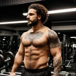 burly man with a tribal flame tattoo on his forearm, symbolizing passion, standing in a dimly lit gym tattoo lion, on neck sexy tatufoto.com 180