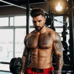 burly man with a tribal flame tattoo on his forearm, symbolizing passion, standing in a dimly lit gym tattoo lion, on neck sexy tatufoto.com 181