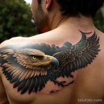 burly man with an eagle tattoo on his back, symbolizing freedom, posing shirtless with a determined look tattoo lion, on neck se tatufoto.com 222