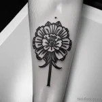 Черно-белая татуировка на предплечье, изображающая цветок в стиле Blackwork с четкими линиями и геометрическими узорами.