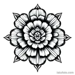 Черно-белый эскиз татуировки в стиле Blackwork, изображающий симметричный цветок мандалы с детальной проработкой лепестков и узоров.