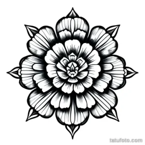 Черно-белый эскиз татуировки в стиле Blackwork, изображающий симметричный цветок мандалы с детальной проработкой лепестков и узоров.