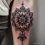 Фото тату мандалы на руке, выполненной в технике blackwork. Детализированный рисунок с геометрическими узорами и сложной структурой.