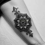 Фото тату мандалы на ноге, выполненной в технике blackwork. Детализированный рисунок с геометрическими узорами и растительными элементами.