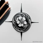 Фото тату пиона, расположенного внутри компаса. Черно-белый рисунок в стиле blackwork с геометрическими элементами.