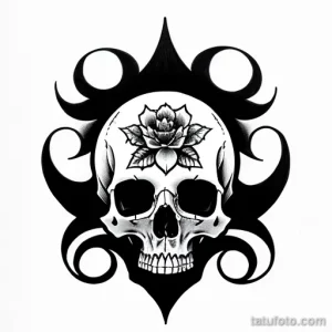Фото тату черепа с розой, выполненное в технике blackwork. Рисунок отличается контрастностью и детализацией.