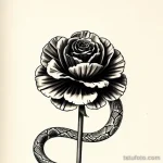 Фото тату розы, обвитой змеей. Рисунок выполнен в технике blackwork с высокой детализацией чешуи змеи и лепестков розы.